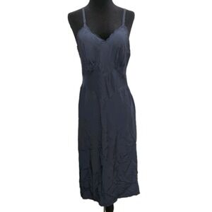 B1 Vntg Komar Woman's Blue Satin V Neck Scalloped Slip Dress Lingerie Avg 36